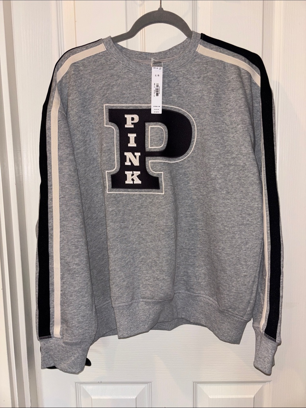 PINK Victoria's Secret Grey Crewneck Sweatshirt with Black & Cream Stripes